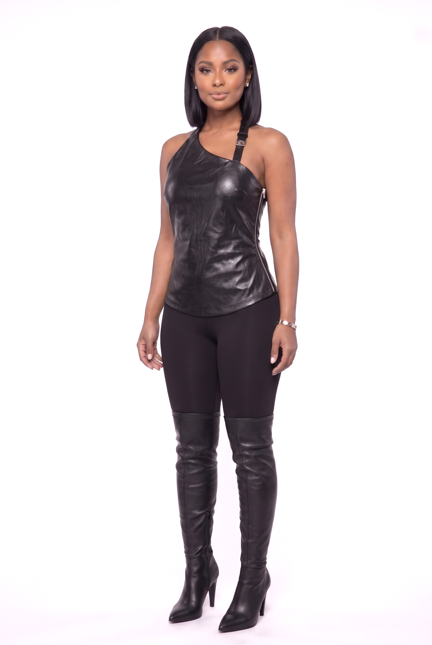 The Lori Faux Leather Top three-quarter view - Opulence Luxe Boutique