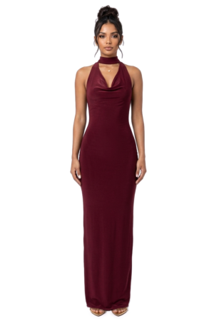 Goddess Chain Back Maxi Dress in burgundy, front view