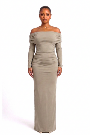 The Imani Maxi Dress taupe off-shoulder ruched maxi by Opulence Luxe Boutique