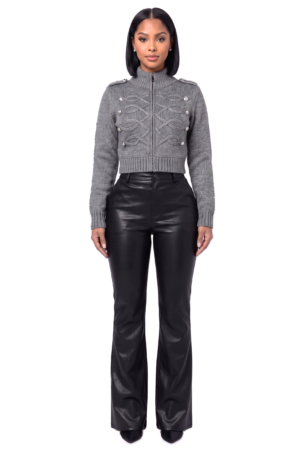 The Lexus Cable Knit Zip Cardigan - front view, heather grey cropped cable knit with silver military buttons
