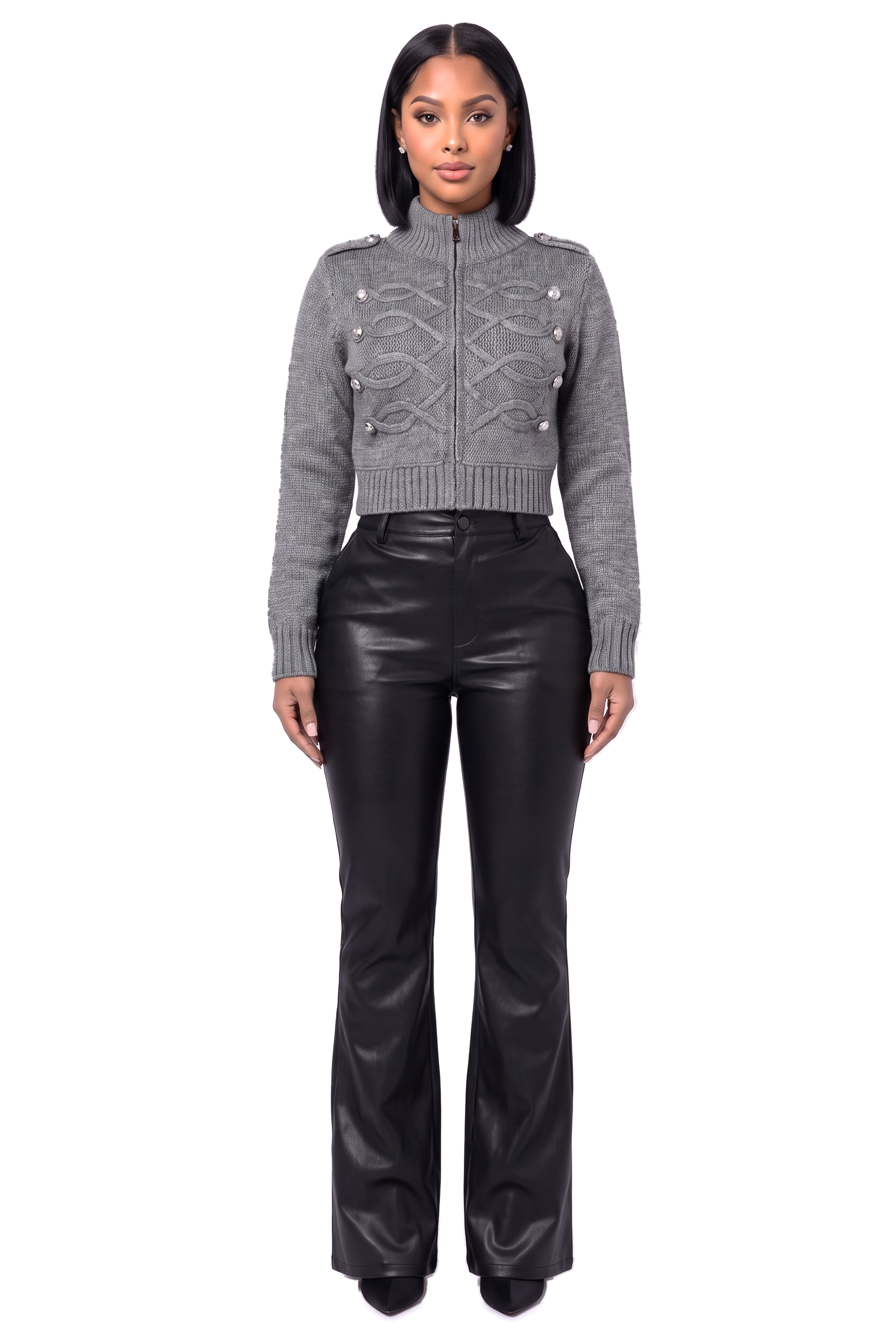 The Lexus Cable Knit Zip Cardigan - front view, heather grey cropped cable knit with silver military buttons